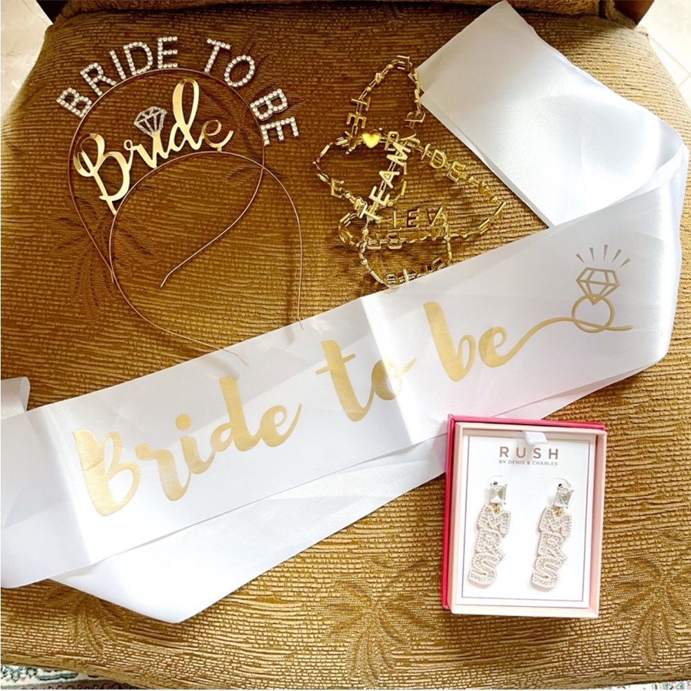 Bride to be wedding set sash 2 headbands MRS earrings team bride necklace